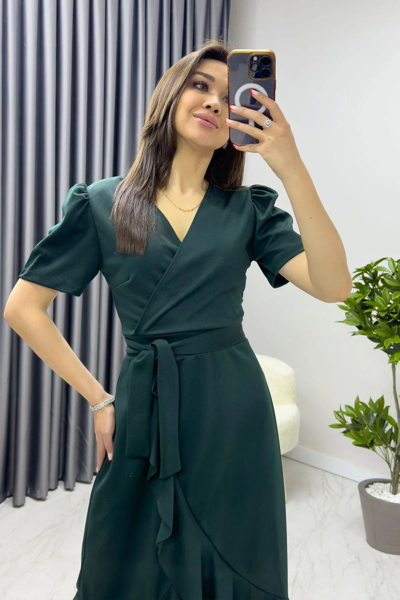 Women's Green Short Karpuz Sleeve Wrap Belted Plus Size Dress