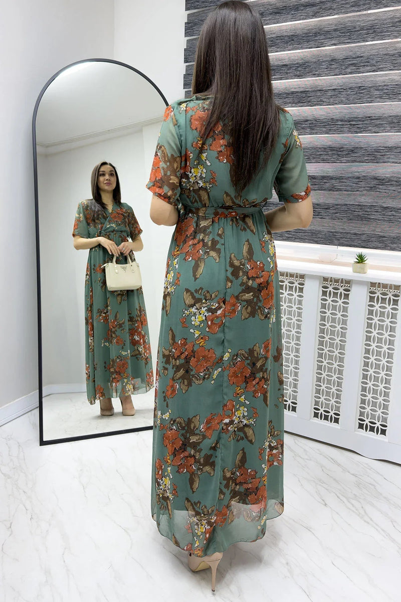 Women's Green Floral Short Sleeve Wrap Neck Plus Size Chiffon Dress