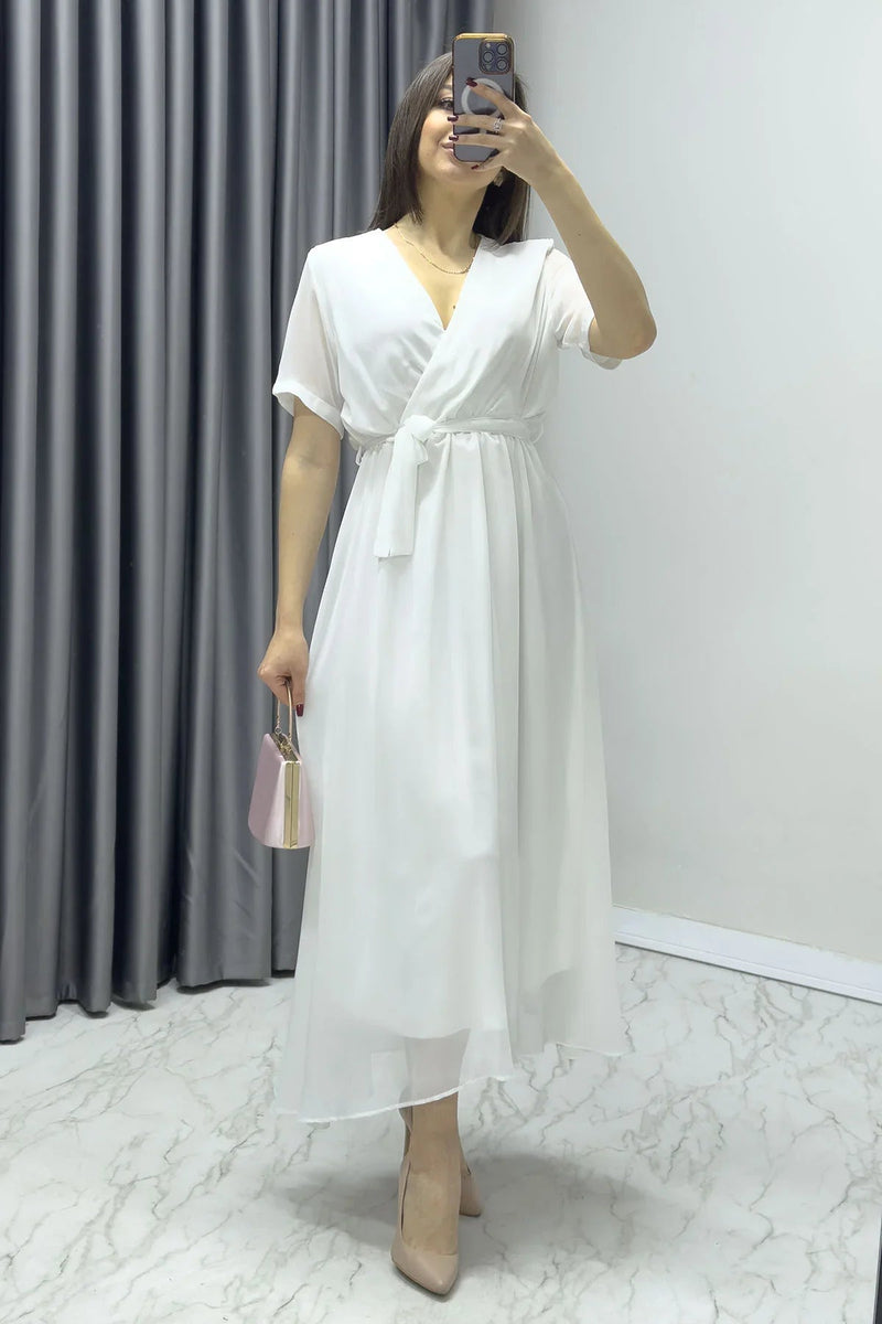Women's White Short Sleeve Wrap Neck Chiffon Plus Size Dress