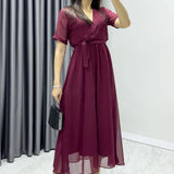 Burgundy Short-Sleeve Midi Chiffon Dress