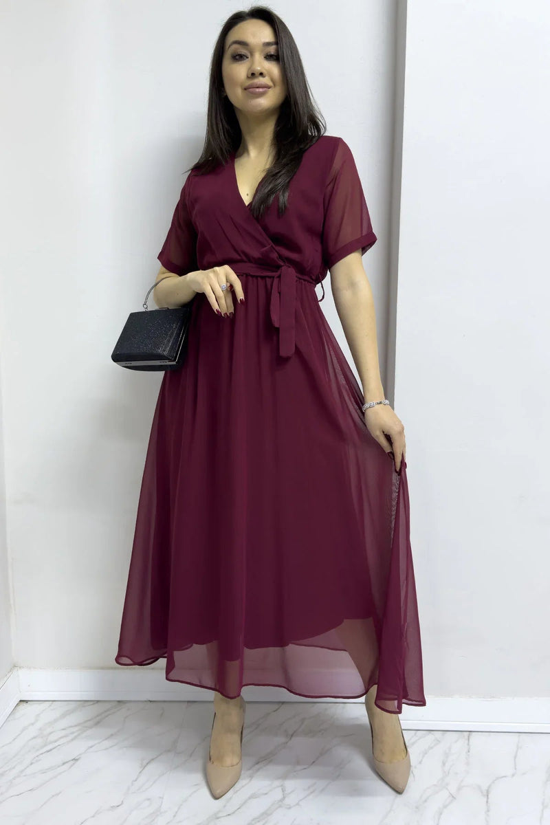 Women's Burgundy Short Sleeve Wrap Neck Chiffon Plus Size Dress