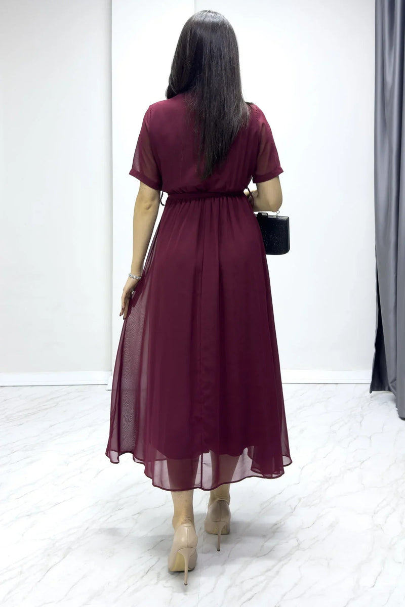 Women's Burgundy Short Sleeve Wrap Neck Chiffon Plus Size Dress