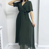 Khaki Short-Sleeve Midi Chiffon Dress
