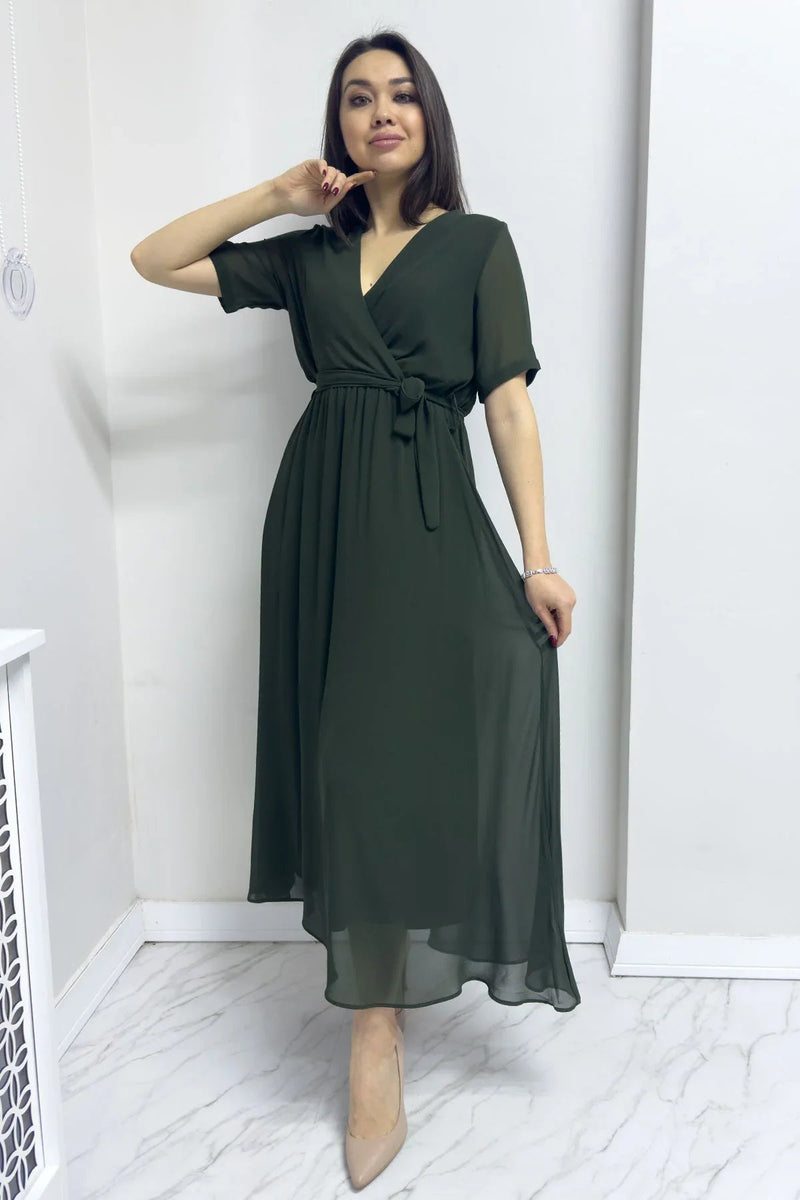 Women's Khaki Short Sleeve Wrap Neck Chiffon Plus Size Dress