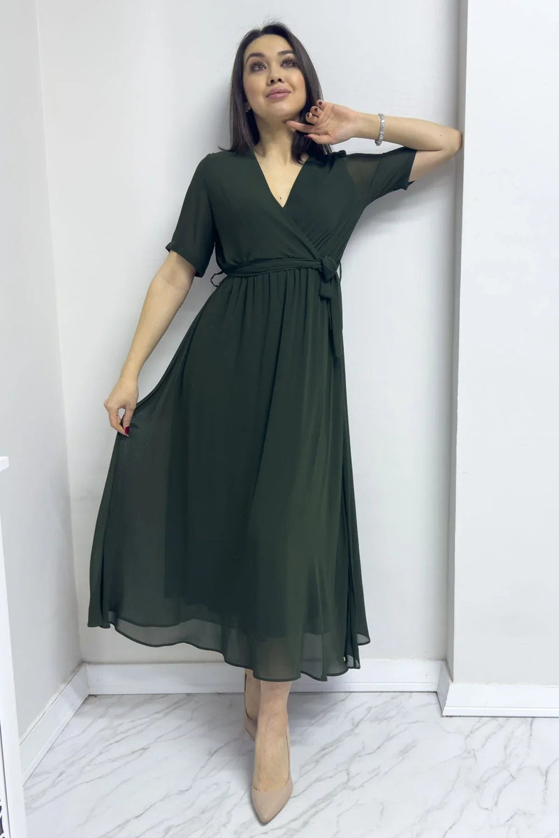 Women's Khaki Short Sleeve Wrap Neck Chiffon Plus Size Dress