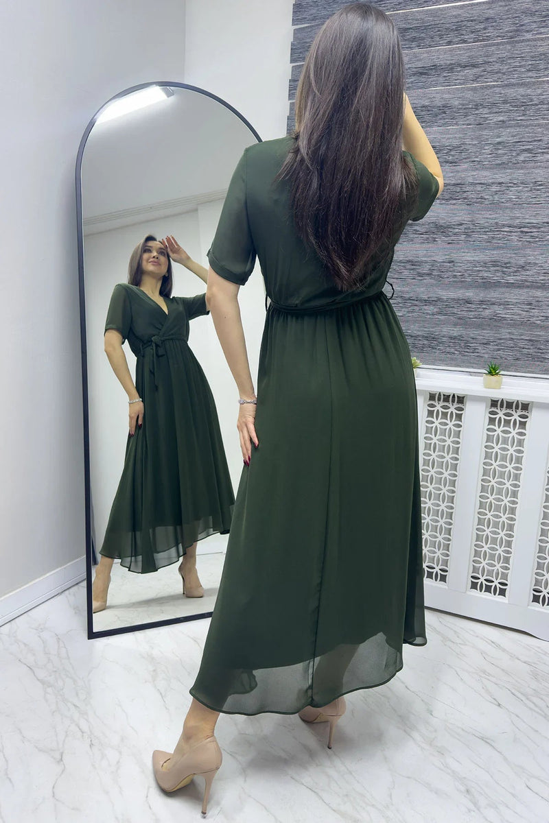 Women's Khaki Short Sleeve Wrap Neck Chiffon Plus Size Dress