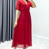 Red Short-Sleeve Midi Chiffon Dress