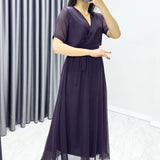 Purple Short-Sleeve Midi Chiffon Dress