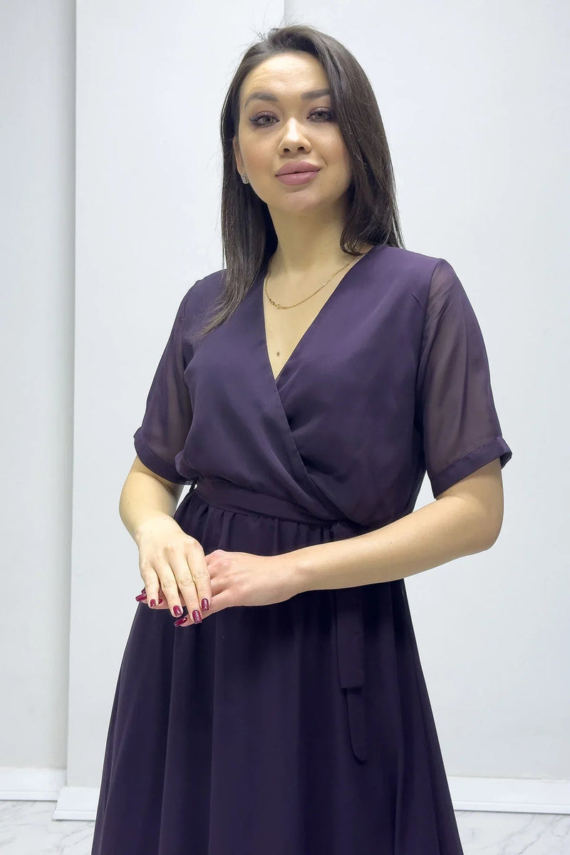 Women's Purple Short Sleeve Wrap Neck Chiffon Plus Size Dress
