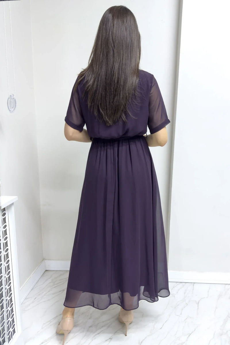 Women's Purple Short Sleeve Wrap Neck Chiffon Plus Size Dress