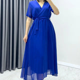 Saxe Blue Short-Sleeve Midi Chiffon Dress