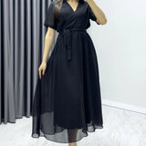 Black Short-Sleeve Midi Chiffon Dress