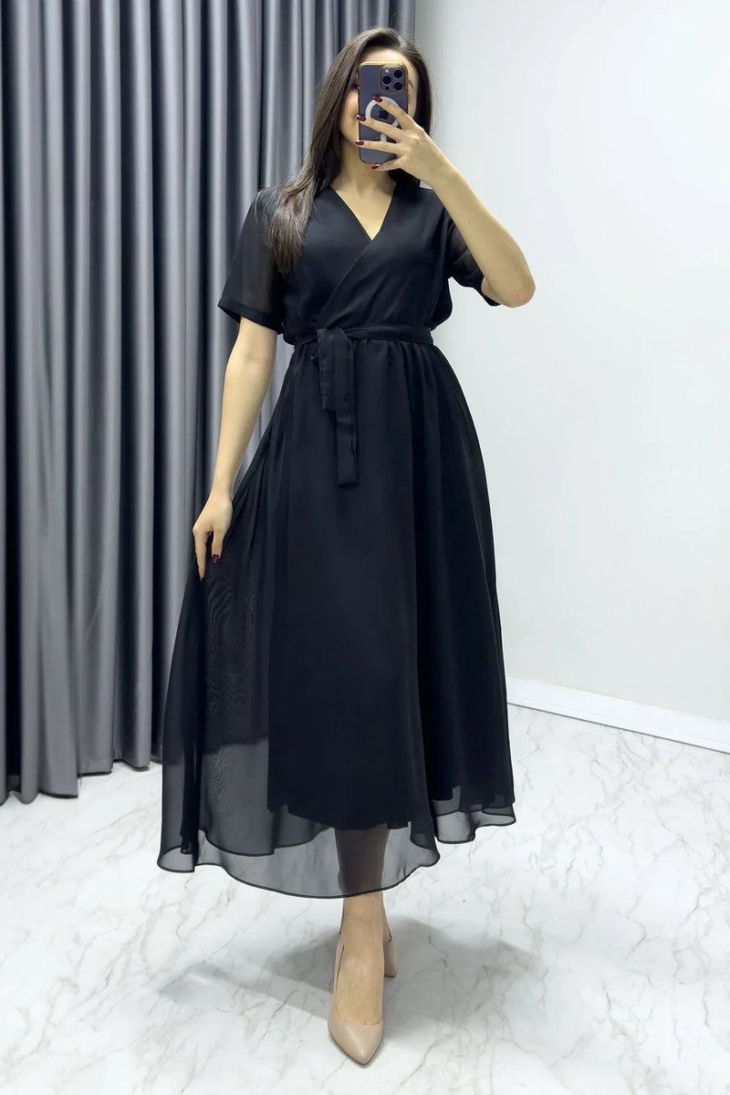 Women's Black Short Sleeve Wrap Neck Chiffon Plus Size Dress
