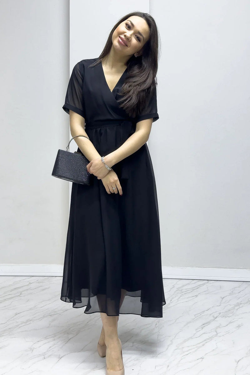 Women's Black Short Sleeve Wrap Neck Chiffon Plus Size Dress