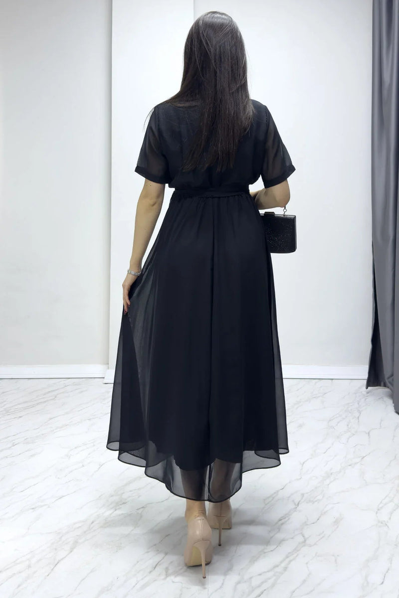 Women's Black Short Sleeve Wrap Neck Chiffon Plus Size Dress