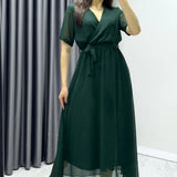 Emerald Green Short-Sleeve Midi Chiffon Dress