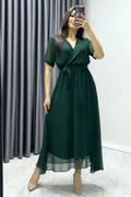 Emerald Green Short-Sleeve Midi Chiffon Dress