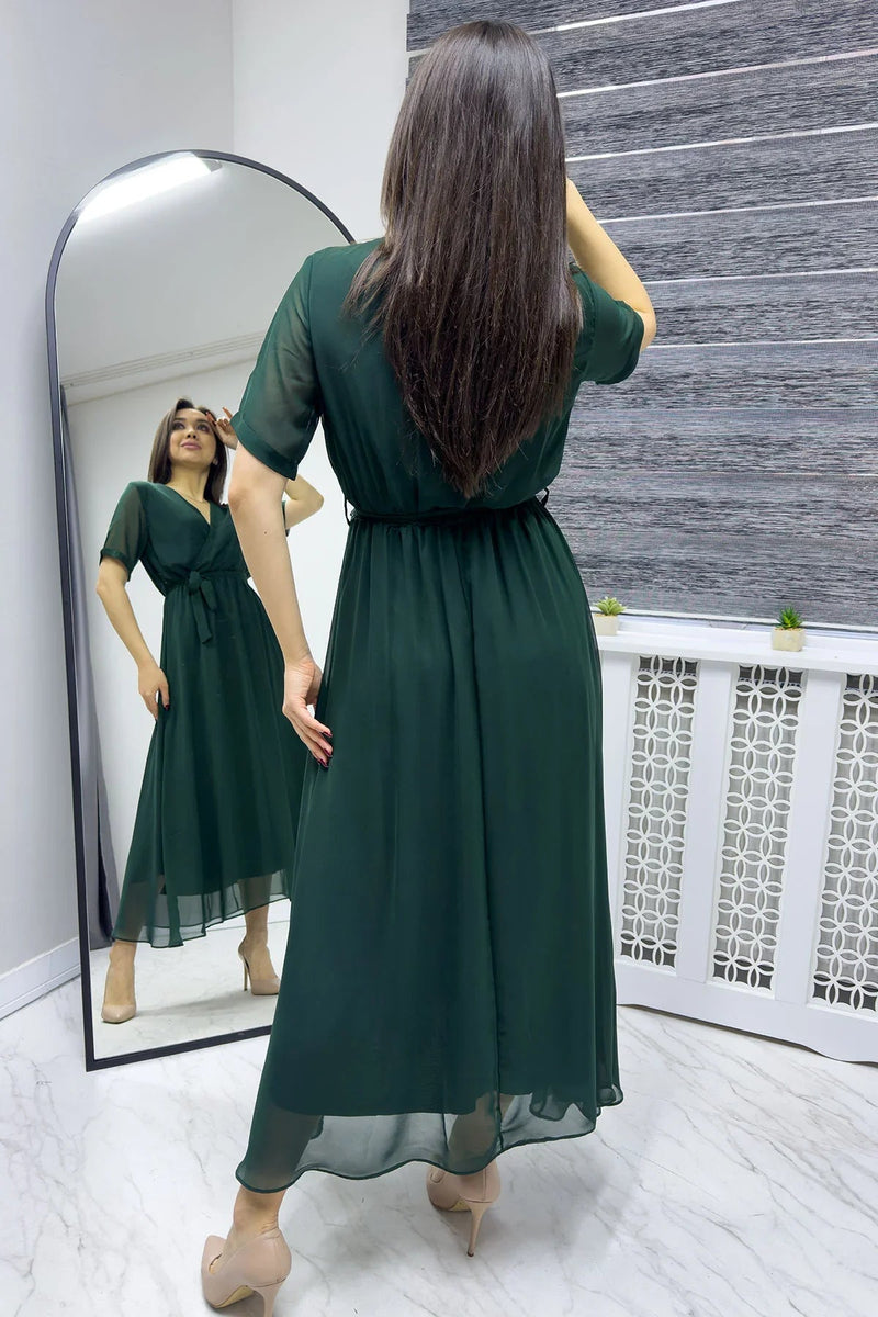 Women's Emerald Green Short Sleeve Wrap Neck Chiffon Plus Size Dress