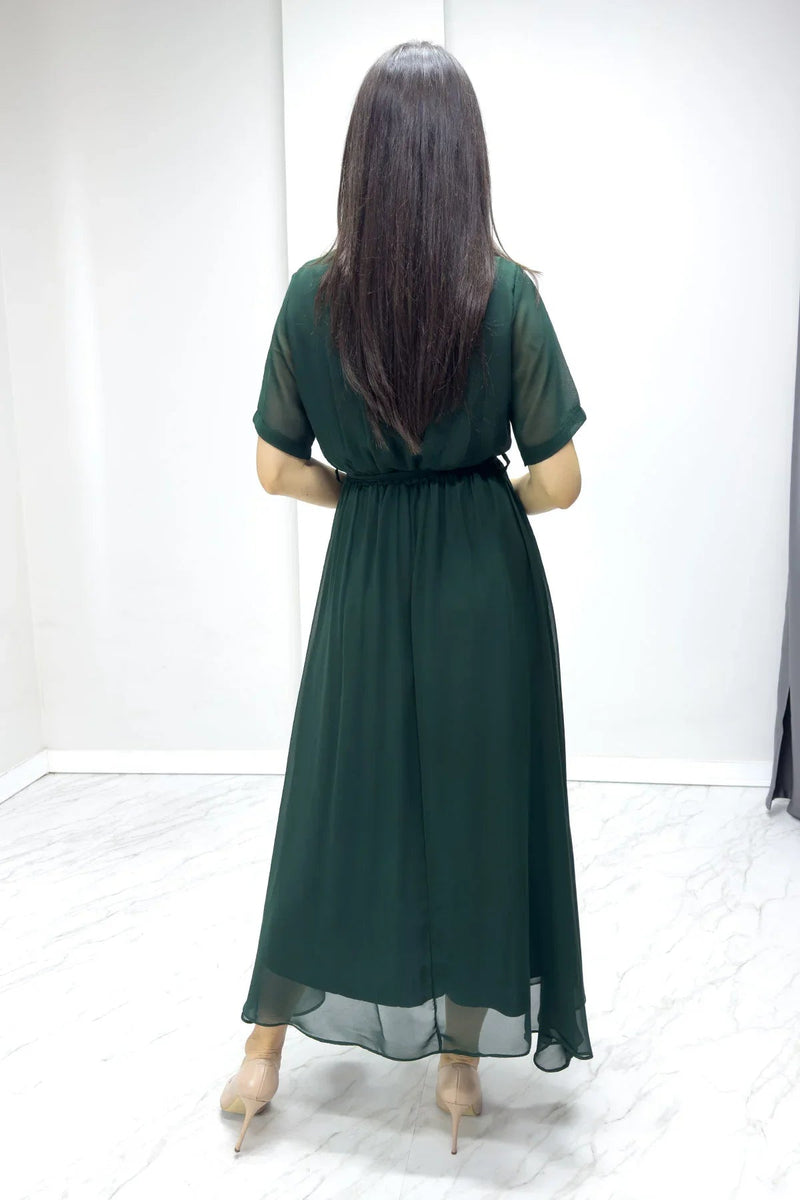 Women's Emerald Green Short Sleeve Wrap Neck Chiffon Plus Size Dress