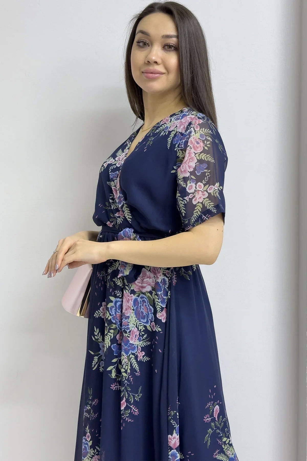 Women's Navy Blue Floral Short Sleeve Wrap Neck Plus Size Chiffon Dress