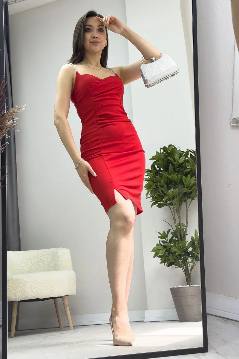 Women's Red Taş Askı Slit Crepe Mini Dress