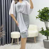 Gray Crystal Embellished Volan Sleeve Glitter Evening Dress