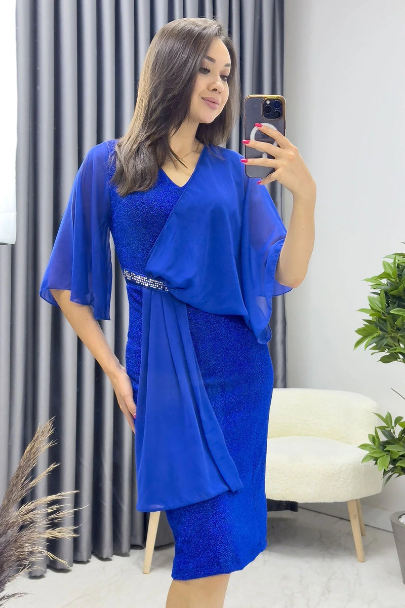 Women's Saxe Crystal Embellished Volan Sleeve Glitter Evening Gown