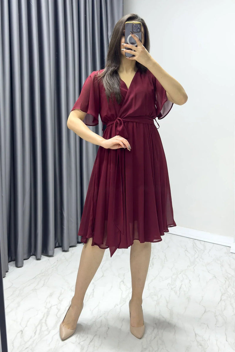 Women's Burgundy Flared Half Sleeve Plus Size Chiffon Dress