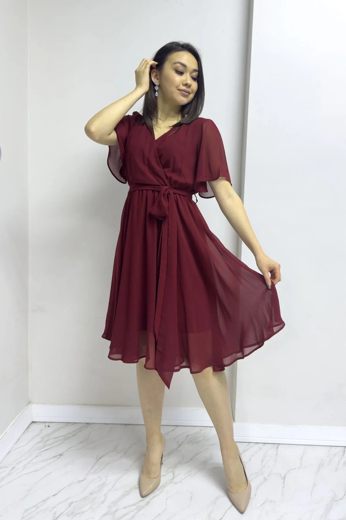 Women's Burgundy Flared Half Sleeve Plus Size Chiffon Dress