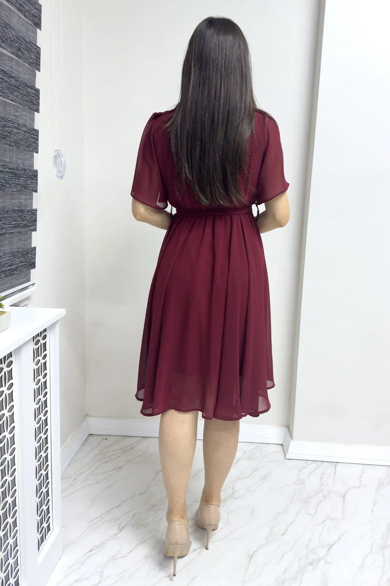 Women's Burgundy Flared Half Sleeve Plus Size Chiffon Dress