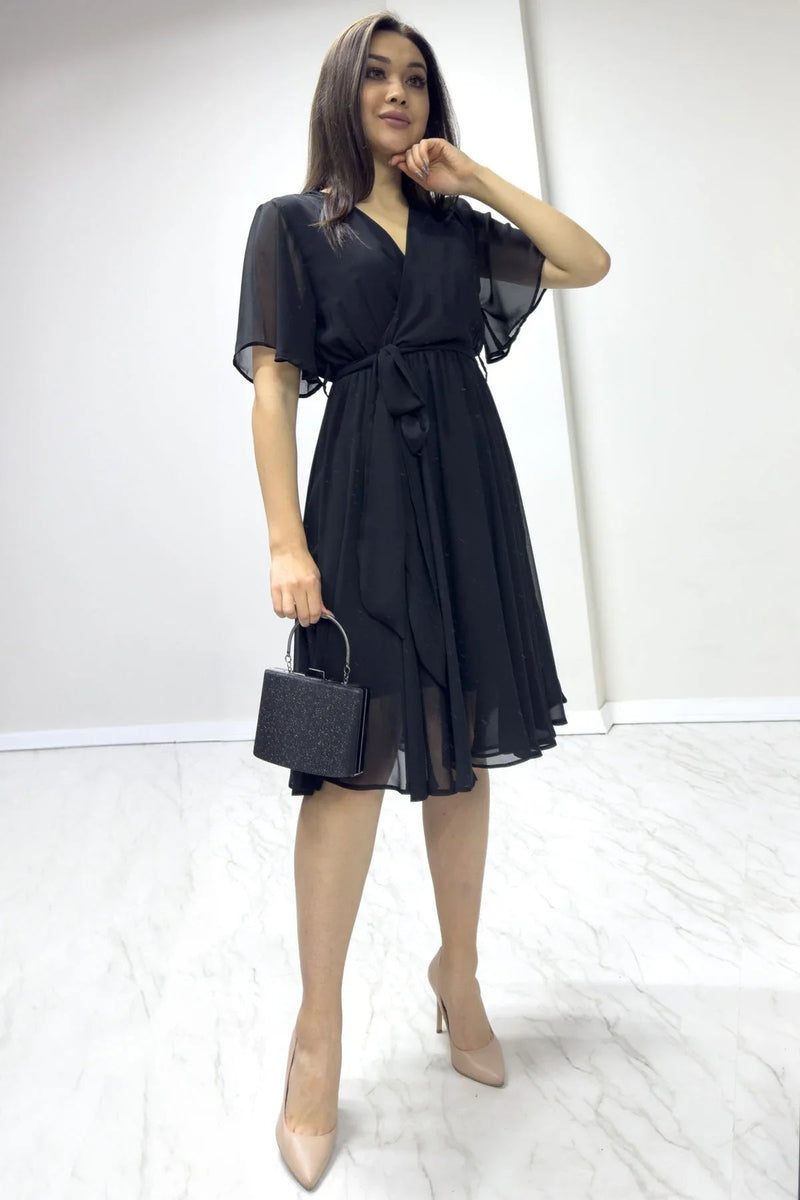 Women's Black Flared Half Sleeve Plus Size Chiffon Dress