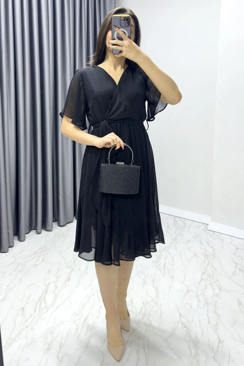 Women's Black Flared Half Sleeve Plus Size Chiffon Dress
