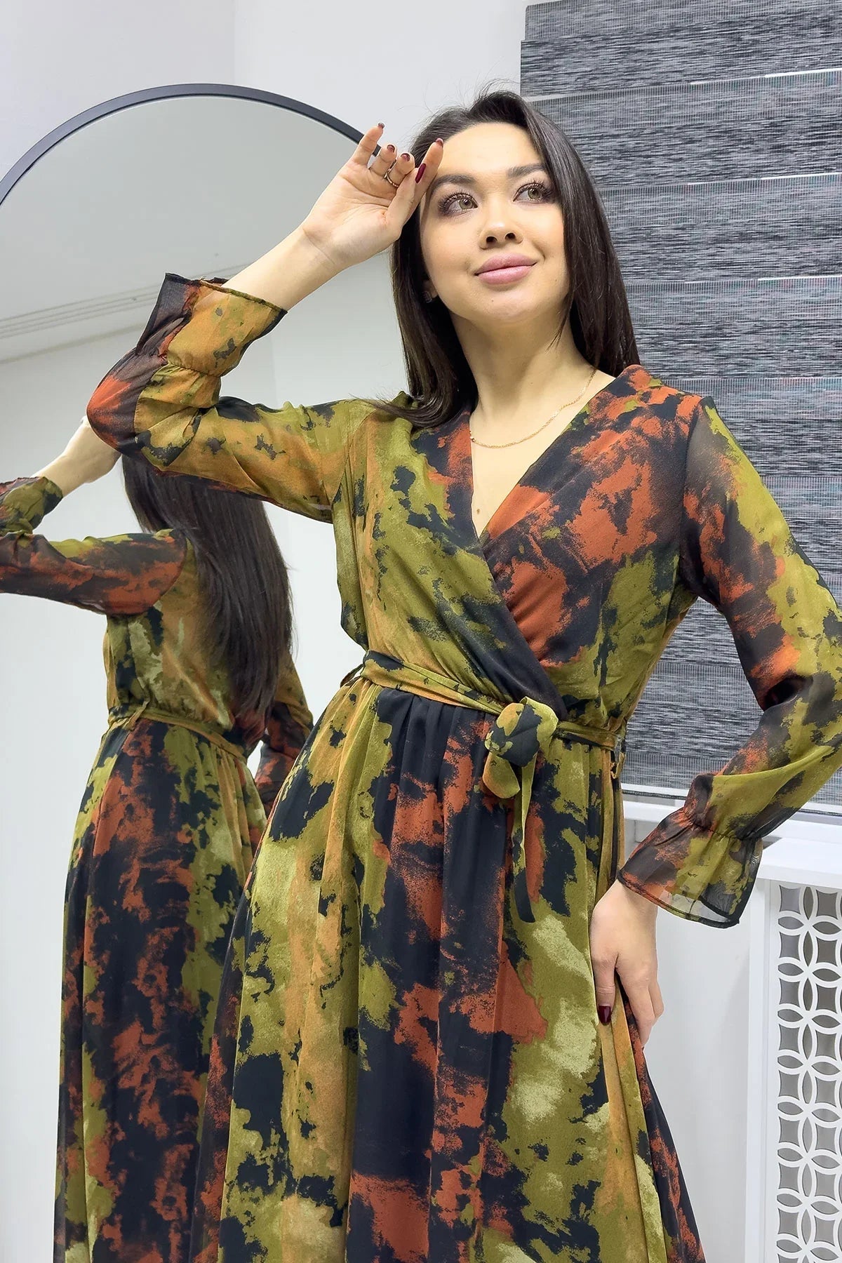 Women's Tie-Dye Wrap Neck Chiffon Plus Size Dress