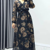 Black Brown Floral Midi Chiffon Dress