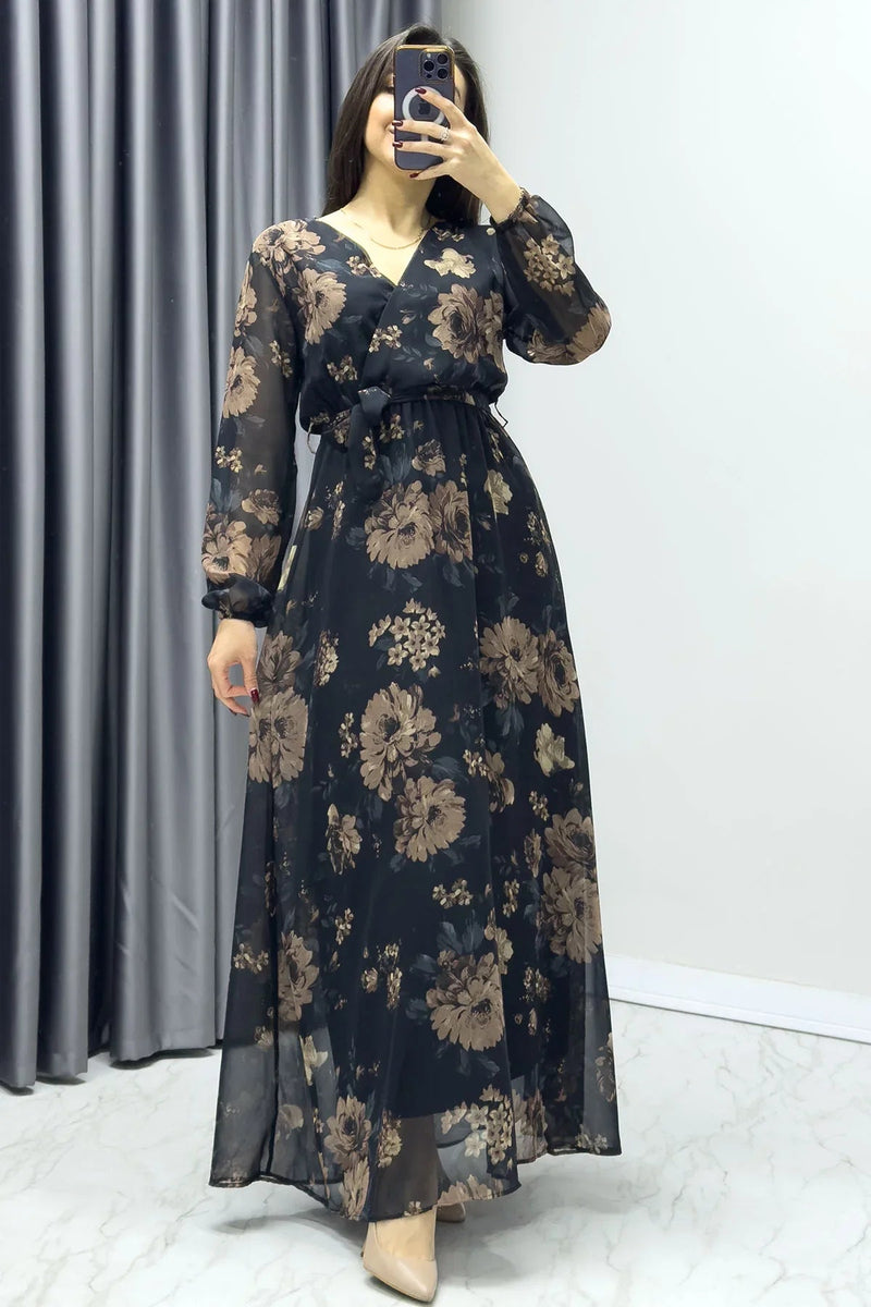 Women's Black Brown Floral Wrap Neck Chiffon Plus Size Dress