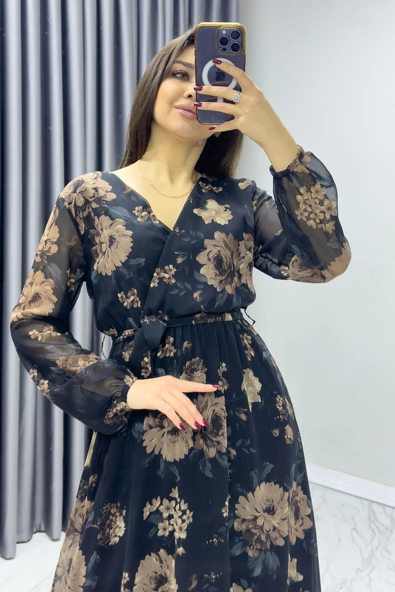Women's Black Brown Floral Wrap Neck Chiffon Plus Size Dress