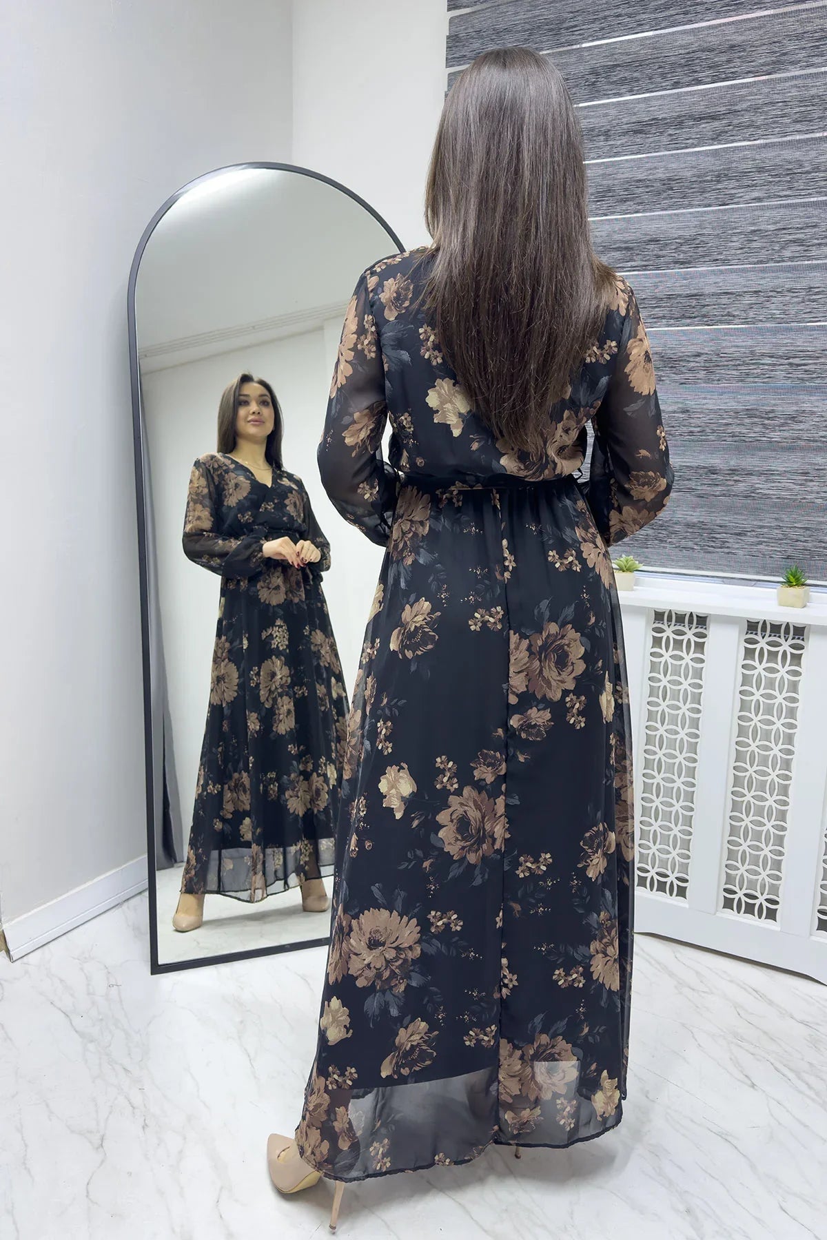 Women's Black Brown Floral Wrap Neck Chiffon Plus Size Dress