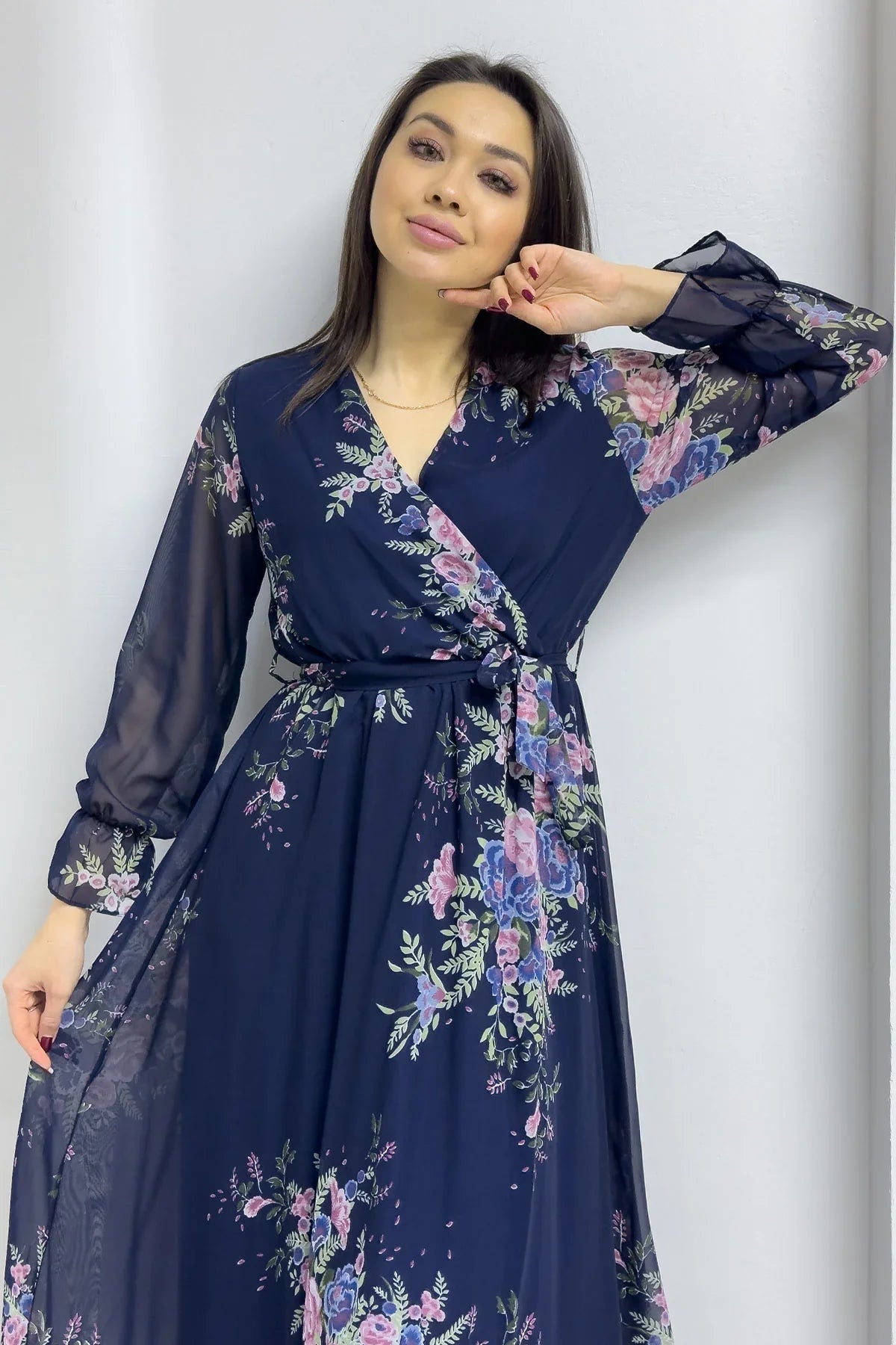 Women's Navy Blue Floral Wrap Neck Chiffon Plus Size Dress