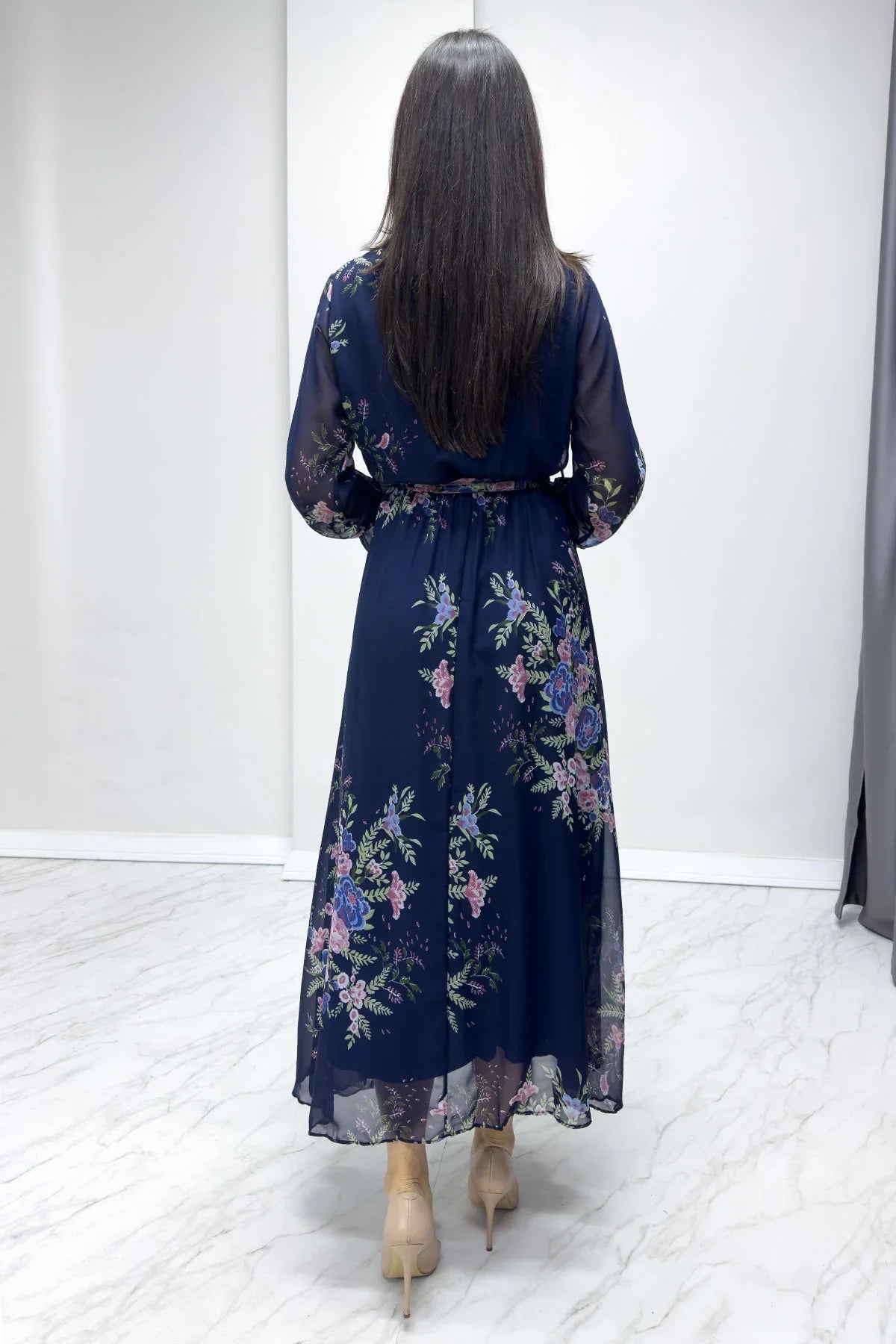 Women's Navy Blue Floral Wrap Neck Chiffon Plus Size Dress