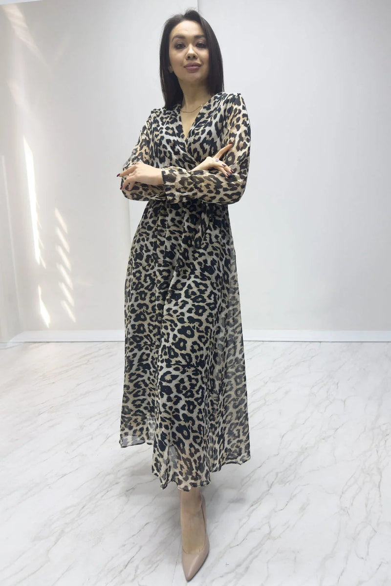 Women's Leopard Printli Wrap Neck Chiffon Plus Size Dress