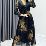 Black Yellow Floral Midi Chiffon Dress