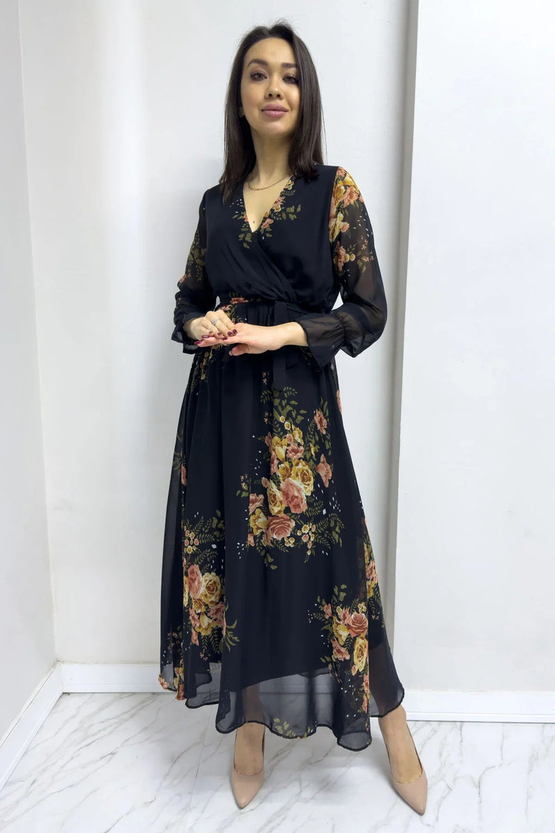 Women's Black Yellow Floral Wrap Neck Chiffon Plus Size Dress