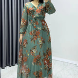 Green Floral Midi Chiffon Dress