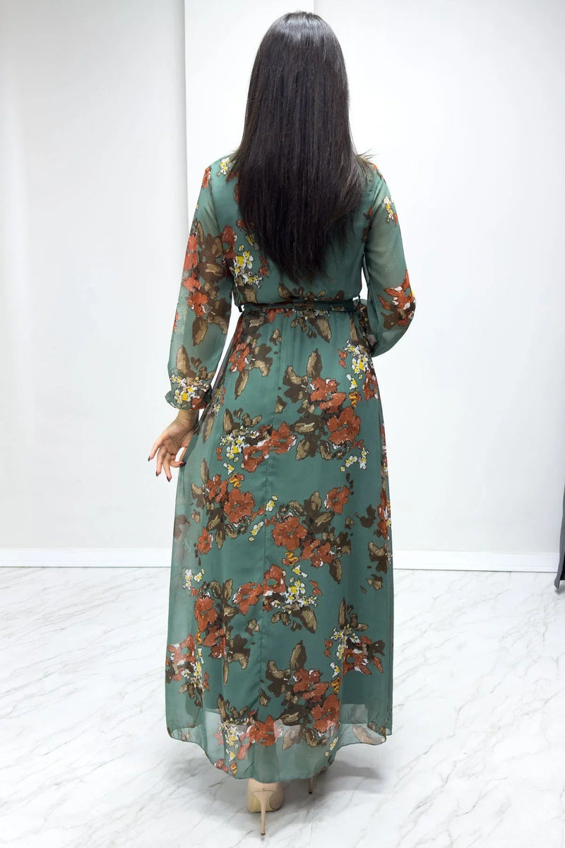 Women's Green Floral Wrap Neck Chiffon Plus Size Dress