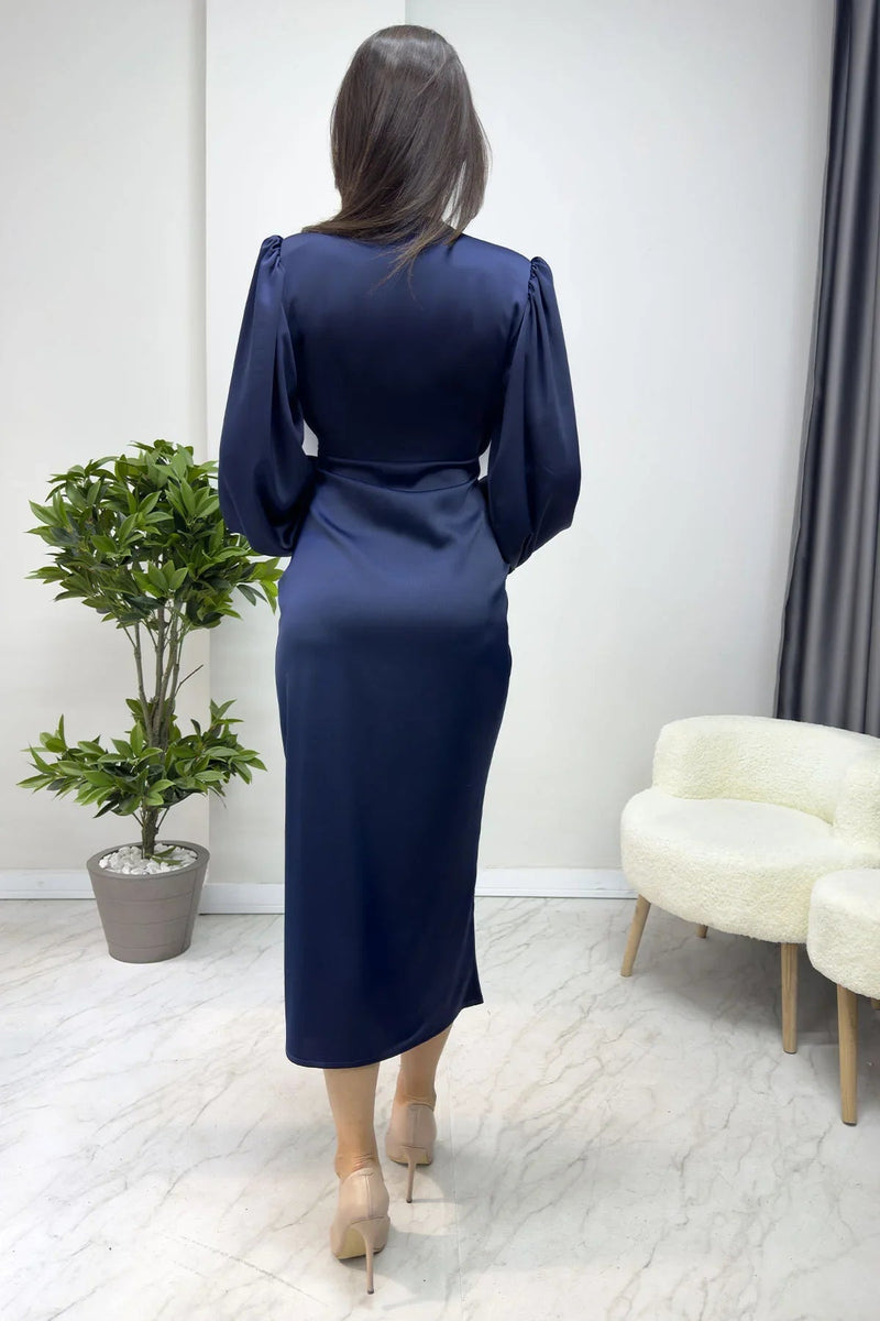 Women's Navy Blue Wrap Satin Draped Yırtmaç Detail Balloon Sleeve Evening Gown