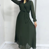 Khaki Cross-Over Neck Midi Length Chiffon Dress