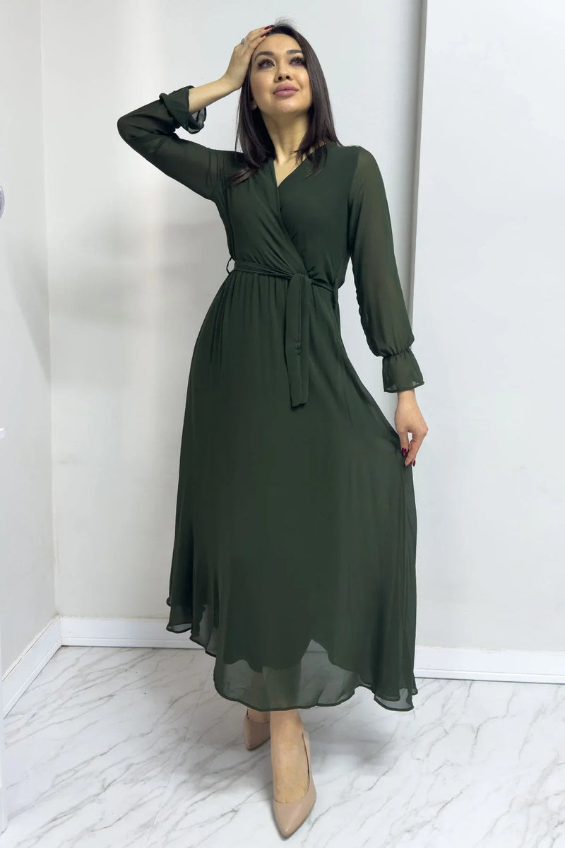 Women's Khaki Wrap Neck Chiffon Plus Size Dress