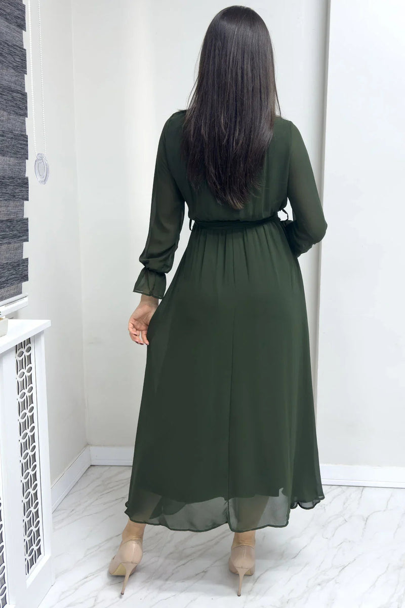 Women's Khaki Wrap Neck Chiffon Plus Size Dress