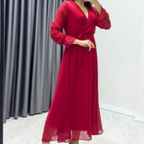 Red Cross-Over Neck Midi Length Chiffon Dress
