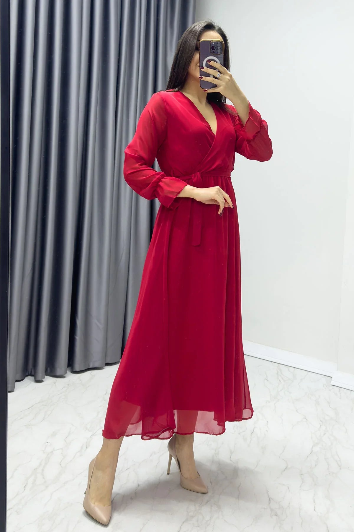 Women's Red Wrap Neck Chiffon Plus Size Dress